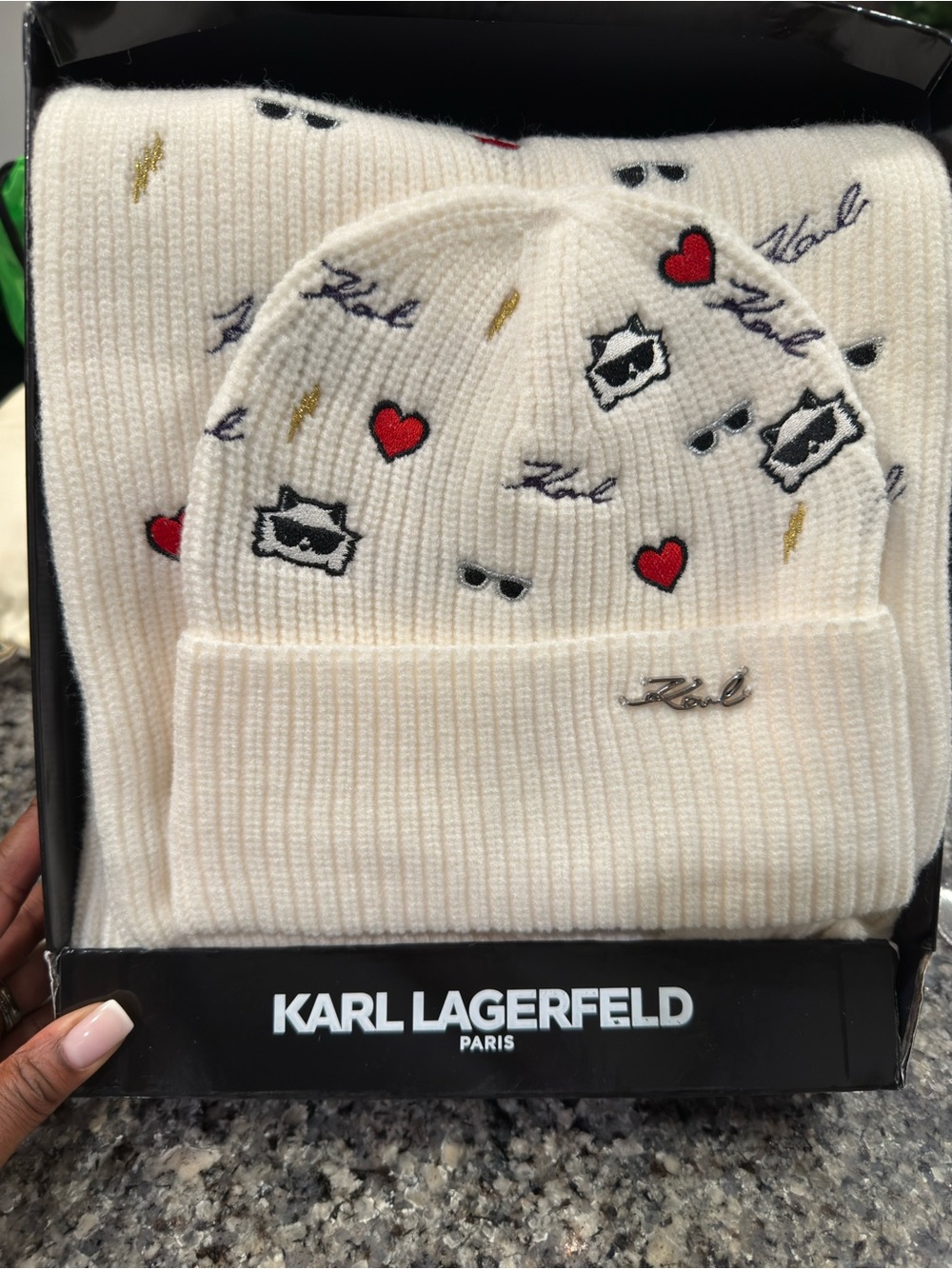Karl Lagerfeld Cream Knit Beanie & Scarf Set with Embroidered Hearts